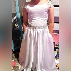 White Cap sleeve, girls satin crystal A-line pageant dress (fits Size 12)